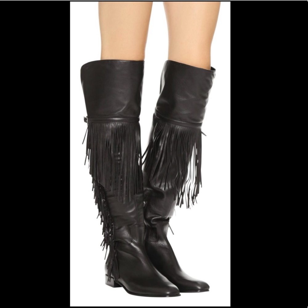Vntg SIGERSON MORRISON FRINGED OVER Knee BOOTS Black 6.5B Hippie BOHO Cowgirl